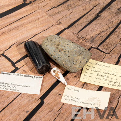 Collection Three Ancient Central American Items Comprising Obsidian Core, Shell Bead & Axe Head, All in Collectors Cases