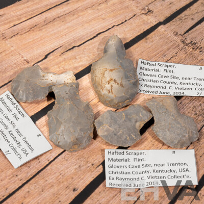 Collection Five Ancient Neolithic Flint Hand Knapped Scrapers, Glovers Cave Site, Trenton, Christian County, Kentucky, USA