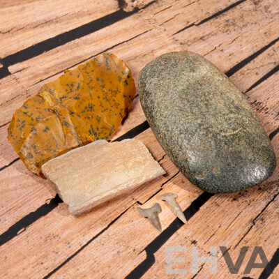 Collection Five Ancient North American Items Comprising Archaic Stone Celt Axe Head, Moss Oalite Scraper, Two Drill Bits & Pottery Rim Sherd,  All in Collectors Cases