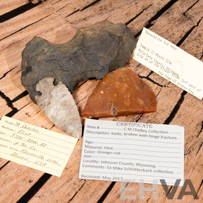 Collection Three Ancient North American Items Comprising Flint St Charles Projectile Point, Novaculite Axe Head, Flint Knife with Hinge Fracture,  All in Collectors Cases