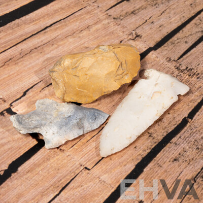 Collection Three Ancient North American Items Comprising Silcified Coral Projectile Point, Projectile Point & Flint Scraper All in Collectors Cases
