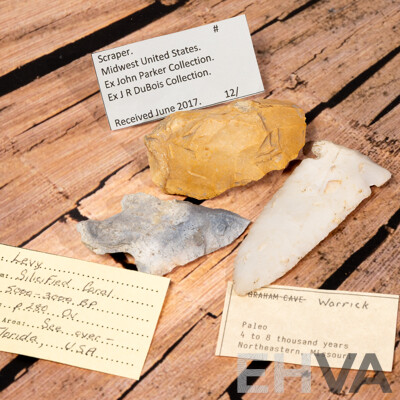 Collection Three Ancient North American Items Comprising Silcified Coral Projectile Point, Projectile Point & Flint Scraper All in Collectors Cases
