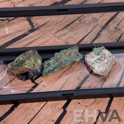 Malechite and Azurite Mineral Specimens in Collectors Frames, From the Pat Collins Collection