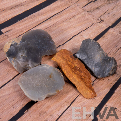 Collection Four Ancient French Neoloithic Items Comprising Two Magdalenian Culture Scrapers, Another Neolithic Scraper & Mesolithic Core Trimming Flake, All in Collectors Frames