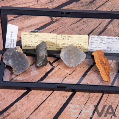 Collection Four Ancient French Neoloithic Items Comprising Two Magdalenian Culture Scrapers, Another Neolithic Scraper & Mesolithic Core Trimming Flake, All in Collectors Frames