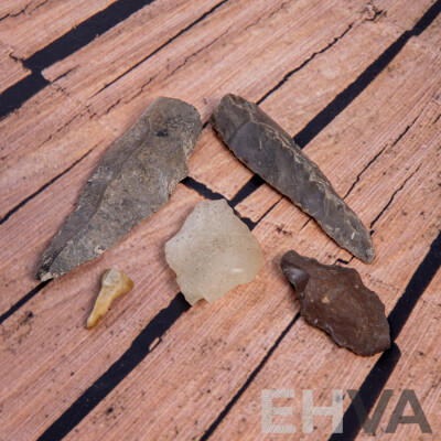 Collection Five Ancient Syrian, Egyptian & Moroccan Neolithic Flint Knapped Items, All in Collectors Frames