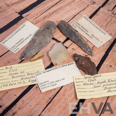 Collection Five Ancient Syrian, Egyptian & Moroccan Neolithic Flint Knapped Items, All in Collectors Frames