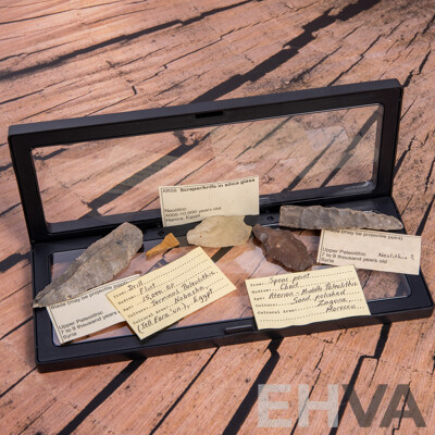 Collection Five Ancient Syrian, Egyptian & Moroccan Neolithic Flint Knapped Items, All in Collectors Frames