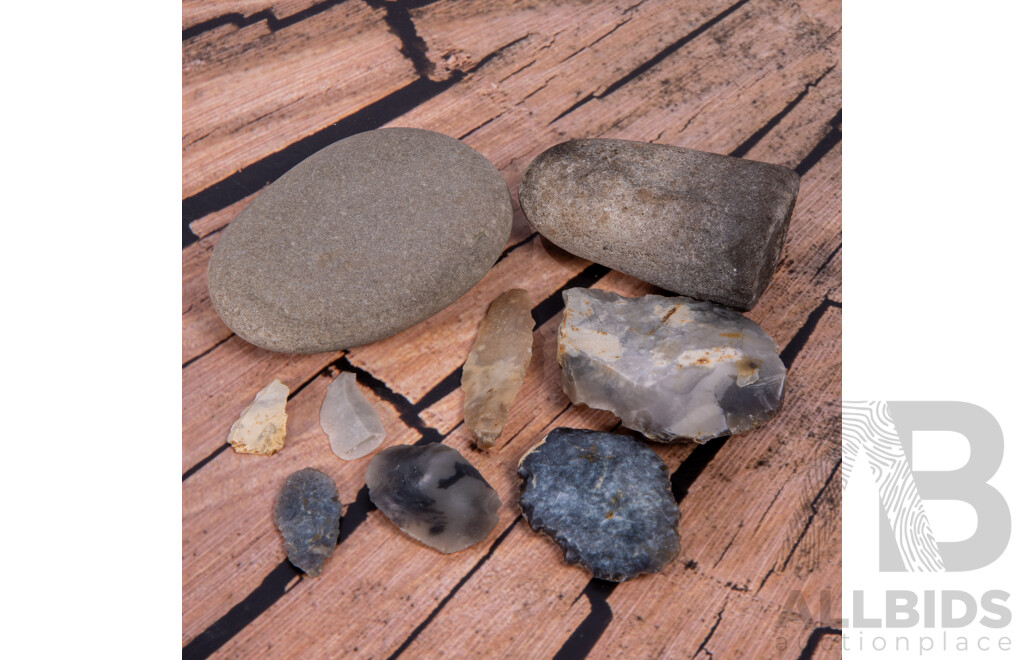 Collection Nine Ancient English and Scottish Neolithic & Iron Age Flint Knapped & Stone Items, All in Collectors Frames
