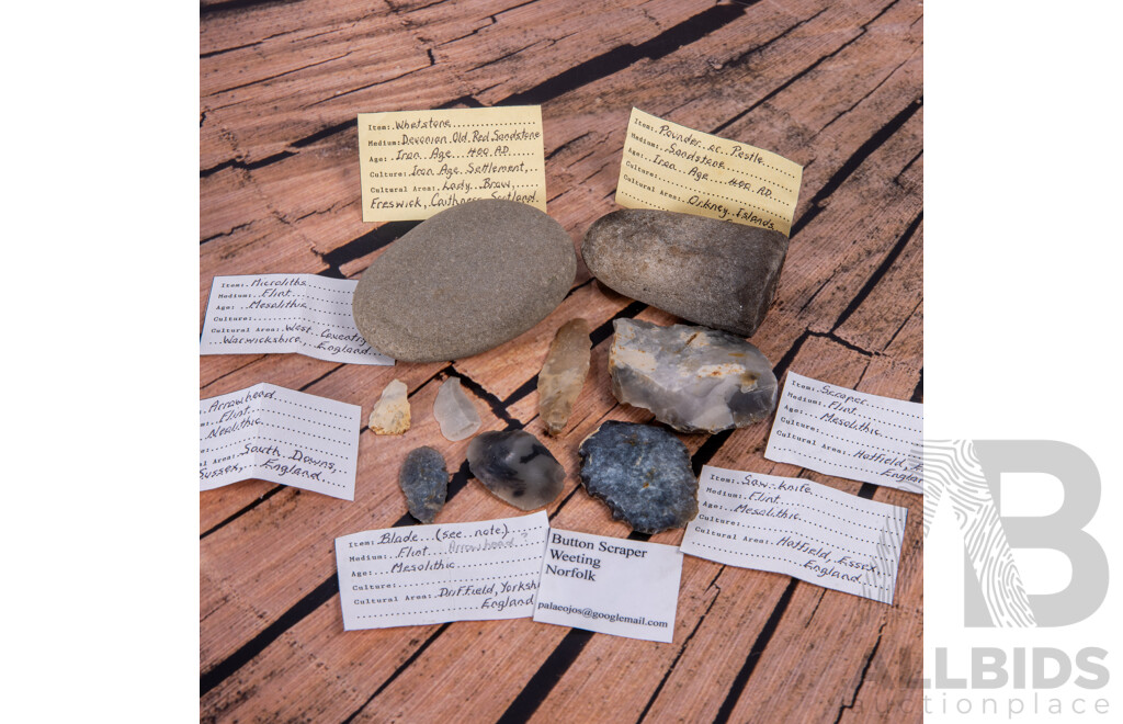Collection Nine Ancient English and Scottish Neolithic & Iron Age Flint Knapped & Stone Items, All in Collectors Frames