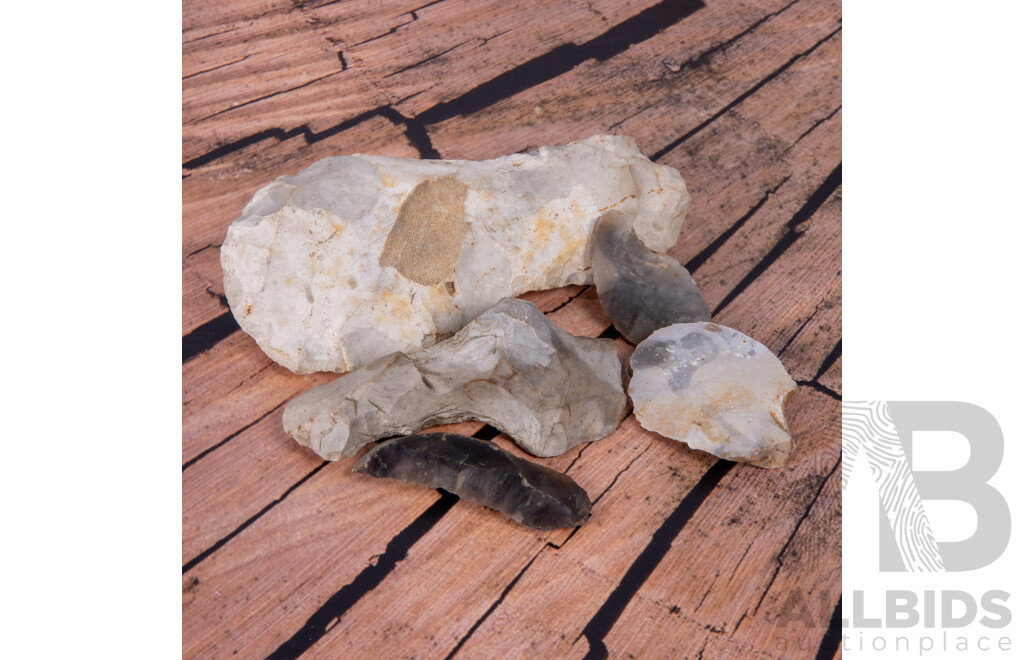Nice Collection Five Ancient English South Downs Sussex Flint Knapped Items, All in Collectors Frames