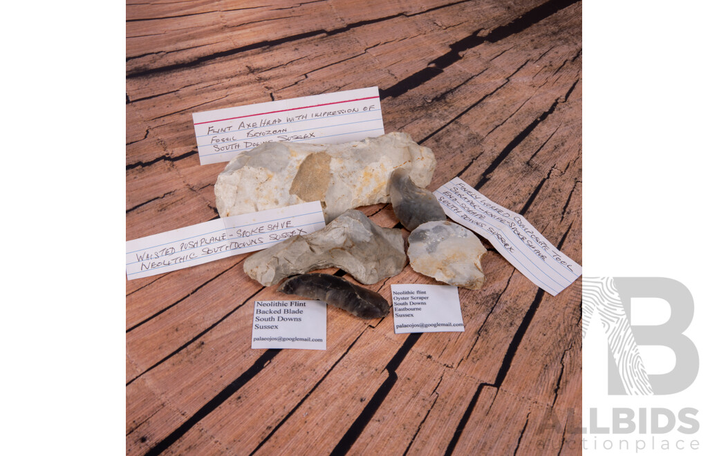 Nice Collection Five Ancient English South Downs Sussex Flint Knapped Items, All in Collectors Frames