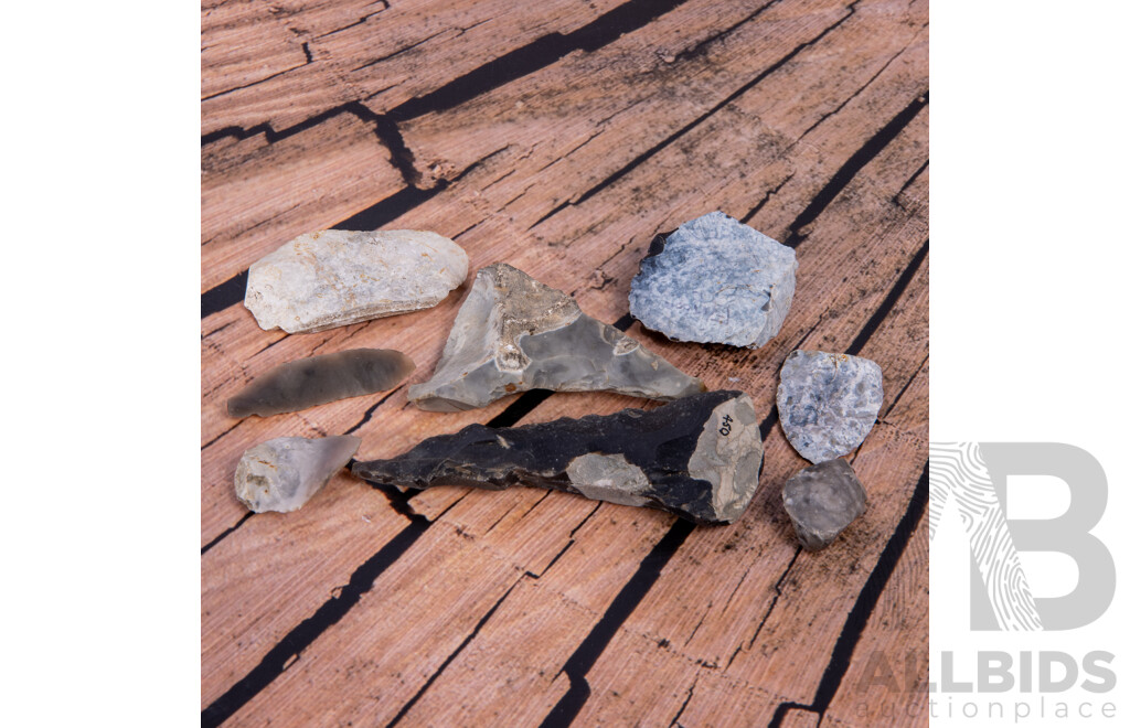 Nice Collection Eight Ancient Neolithic & Mesolithic English Flint Knapped Items, All in Collectors Frames