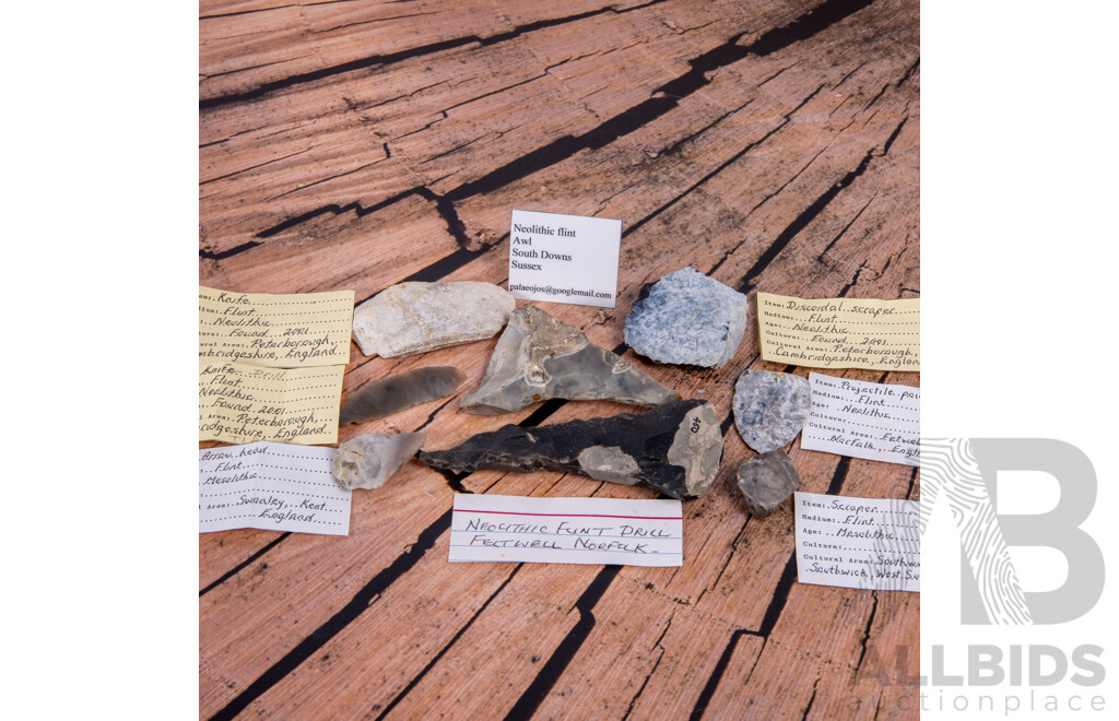 Nice Collection Eight Ancient Neolithic & Mesolithic English Flint Knapped Items, All in Collectors Frames