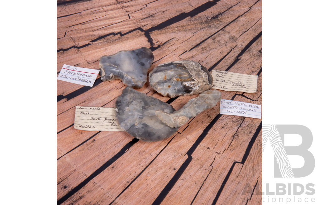 Good Collection Four Ancient Neolithic South Downs, Sussex, English Flint Knapped Items, All in Collectors Frames