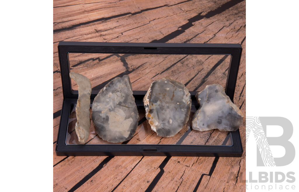 Good Collection Four Ancient Neolithic South Downs, Sussex, English Flint Knapped Items, All in Collectors Frames