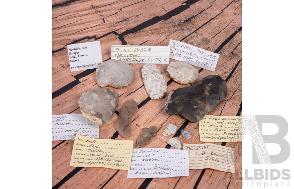 Collection Ten Ancient Neolithic & Mesolithic English Flint Knapped Items, All in Collectors Frames
