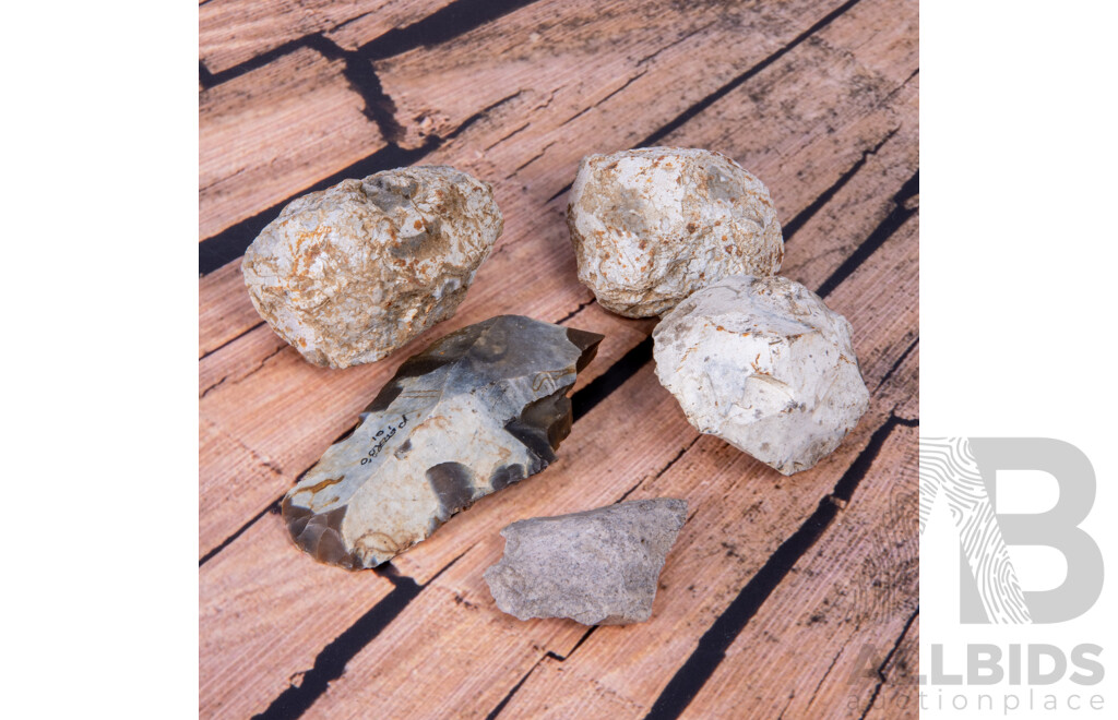 Collection Four Ancient Neolithic & Bronze Age English Flint Knapped & Stone Items, All in Collectors Frames