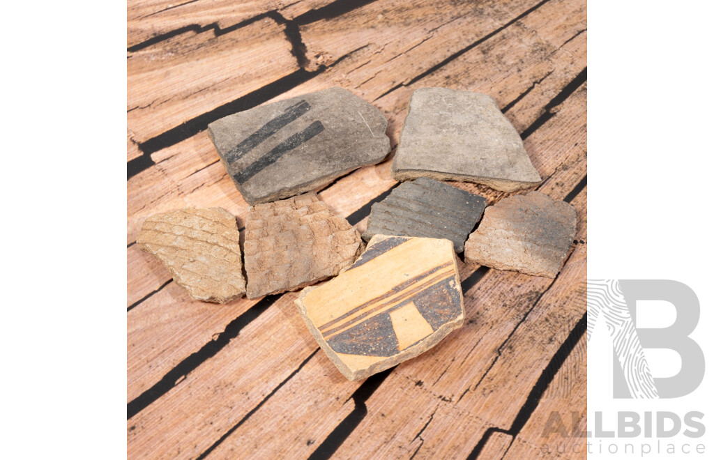 Collection Seven Ancient American Indian Pottery Sherds Compising Reserve Indented Corrugated Mogollon Culture Example and More, All in Collectors Frames