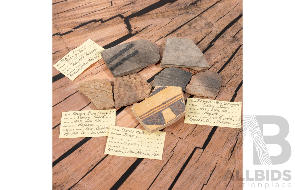 Collection Seven Ancient American Indian Pottery Sherds Compising Reserve Indented Corrugated Mogollon Culture Example and More, All in Collectors Frames