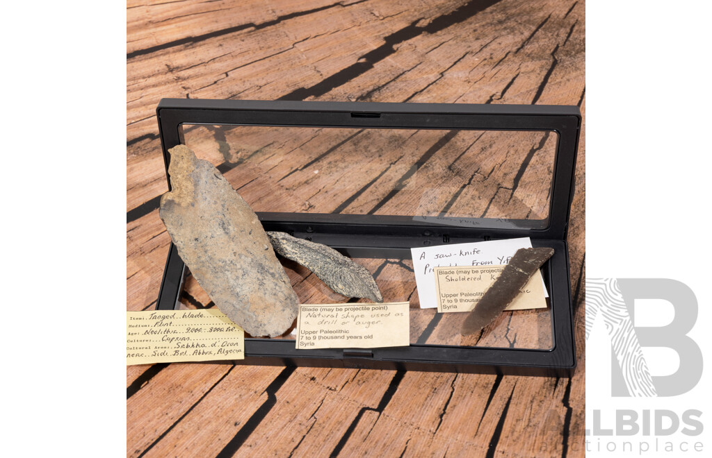 Collection Three Ancient Neolithic Flintknapped Items, All in Collectors Frames