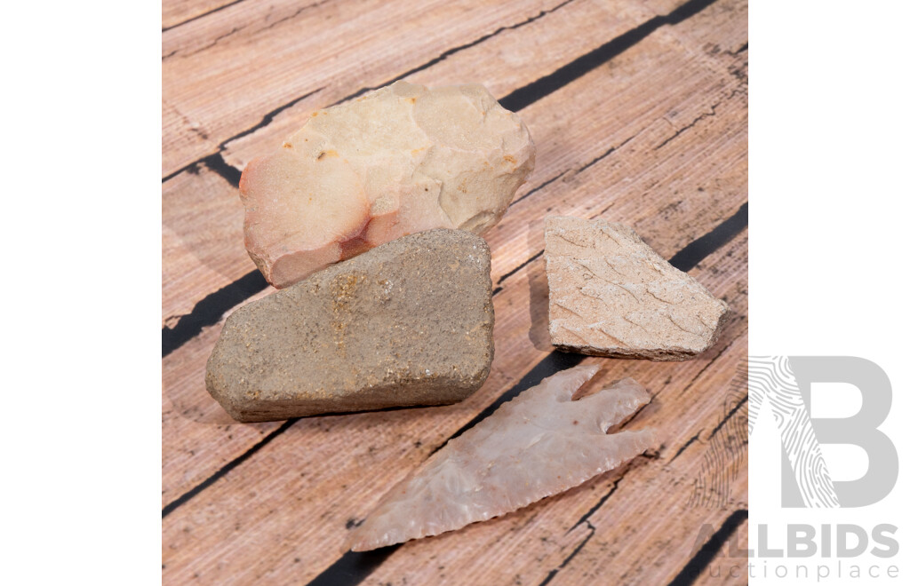 Collection Four Ancient Neolithic American Indian Flintknapped Items, All in Collectors Frames
