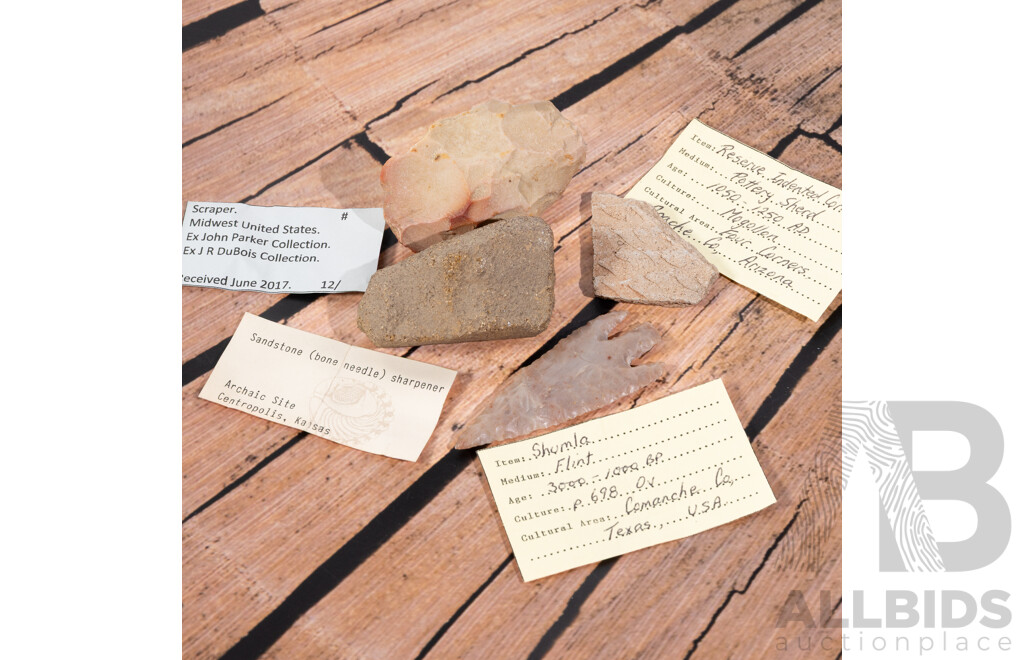 Collection Four Ancient Neolithic American Indian Flintknapped Items, All in Collectors Frames