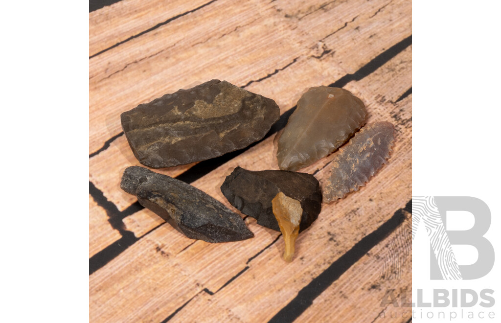 Great Collection Six Ancient Neolithic North African Flintknapped Items, All in Collectors Frames