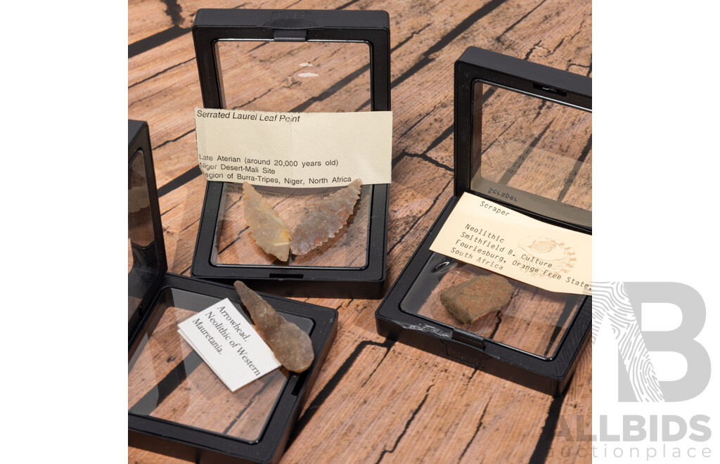 Great Collection Four Ancient Neolithic African Flintknapped Items, All in Collectors Frames