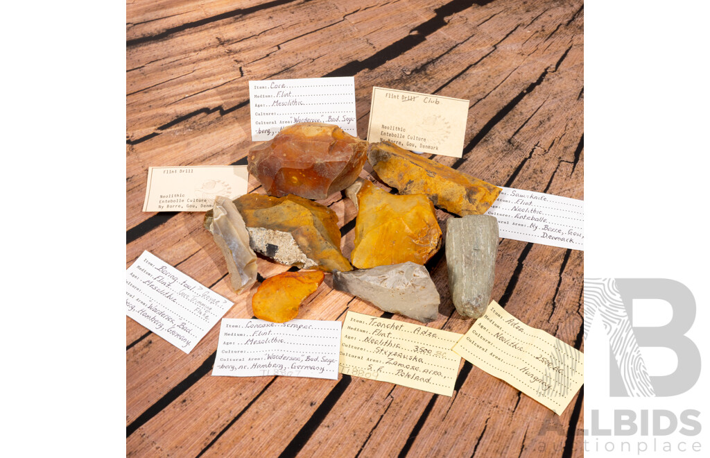 Great Collection Eight Ancient Neolithic European Flintknapped Items, All in Collectors Frames