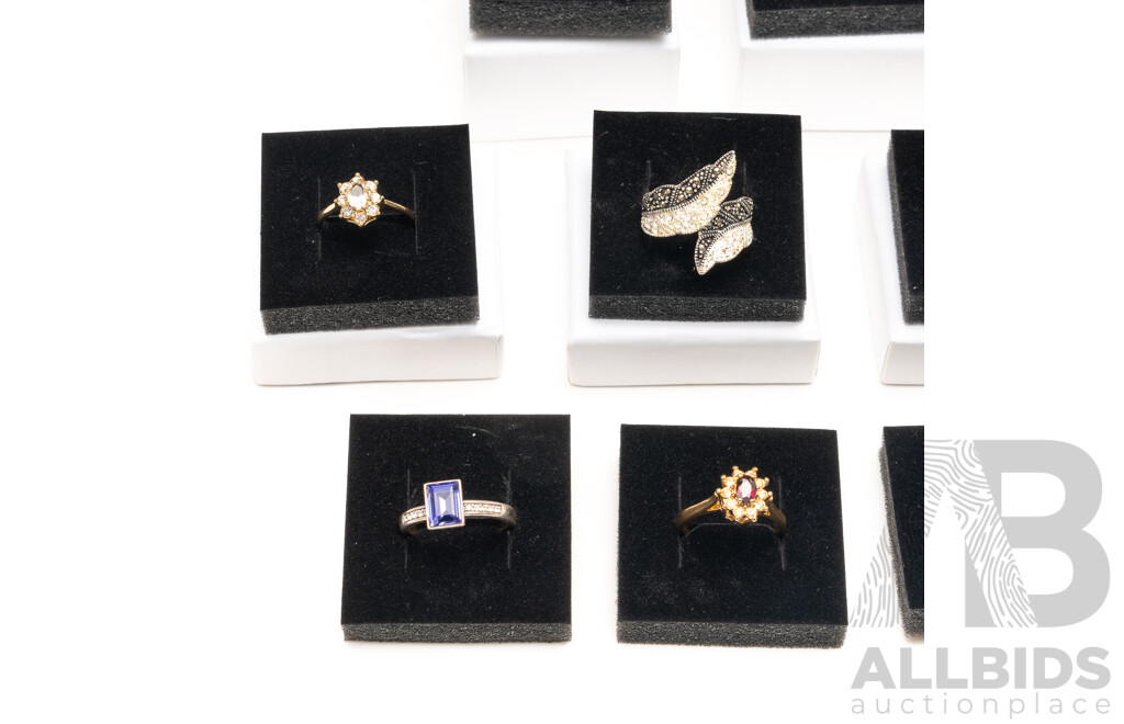 Collection of (11) Silver/gold Tone Rings with Paste Stones, with Ring Boxes - Ex Retail Stock