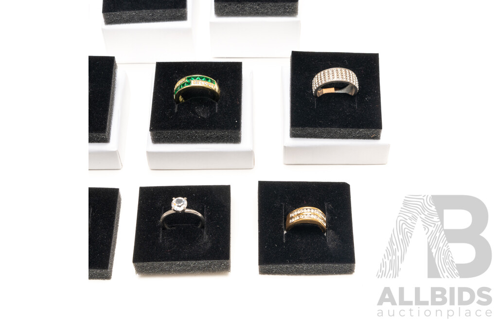 Collection of (11) Silver/gold Tone Rings with Paste Stones, with Ring Boxes - Ex Retail Stock