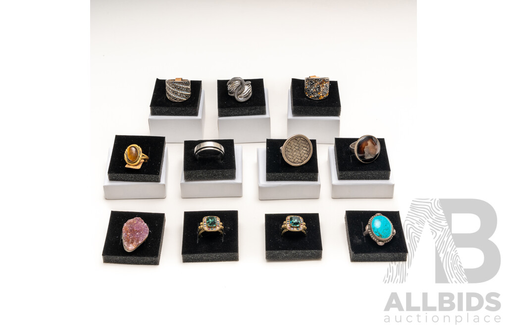 Collection of (11) Silver Tone/brass Tone Rings with Paste Stones & Natural Gemstones, with Ring Boxes - Ex Stock)