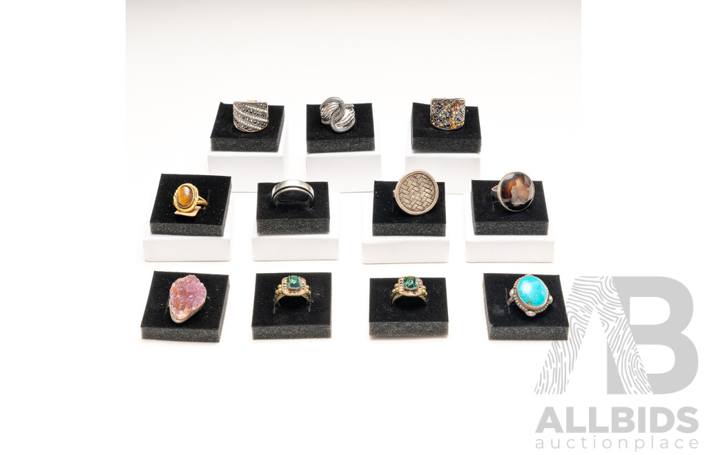 Collection of (11) Silver Tone/brass Tone Rings with Paste Stones & Natural Gemstones, with Ring Boxes - Ex Stock)
