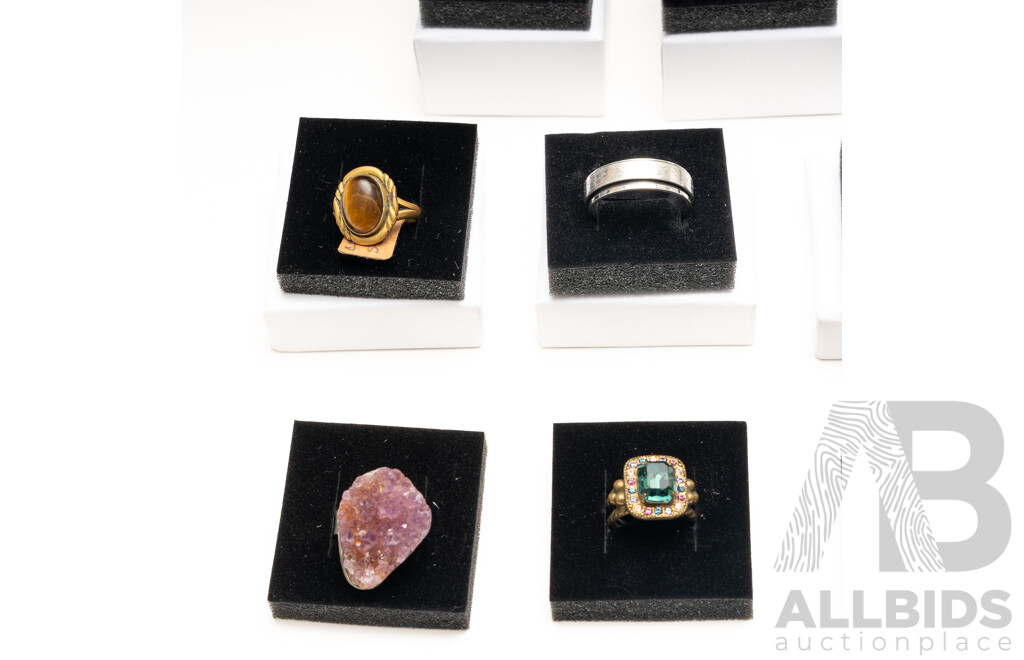 Collection of (11) Silver Tone/brass Tone Rings with Paste Stones & Natural Gemstones, with Ring Boxes - Ex Stock)