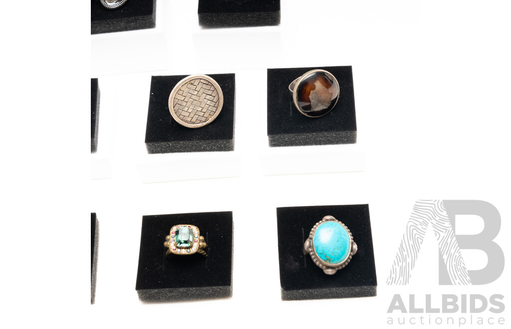 Collection of (11) Silver Tone/brass Tone Rings with Paste Stones & Natural Gemstones, with Ring Boxes - Ex Stock)