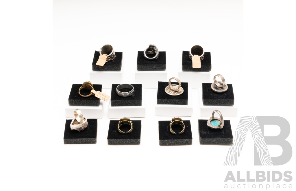 Collection of (11) Silver Tone/brass Tone Rings with Paste Stones & Natural Gemstones, with Ring Boxes - Ex Stock)