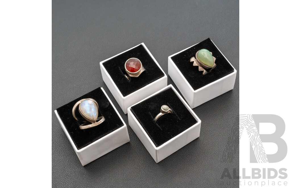 Sterling Silver (4) Rings with Agate, Carnelian, Moonstone & Phrenite, 32.74 Grams