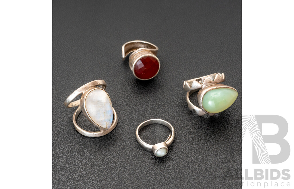 Sterling Silver (4) Rings with Agate, Carnelian, Moonstone & Phrenite, 32.74 Grams