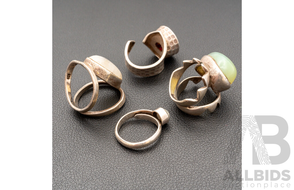 Sterling Silver (4) Rings with Agate, Carnelian, Moonstone & Phrenite, 32.74 Grams