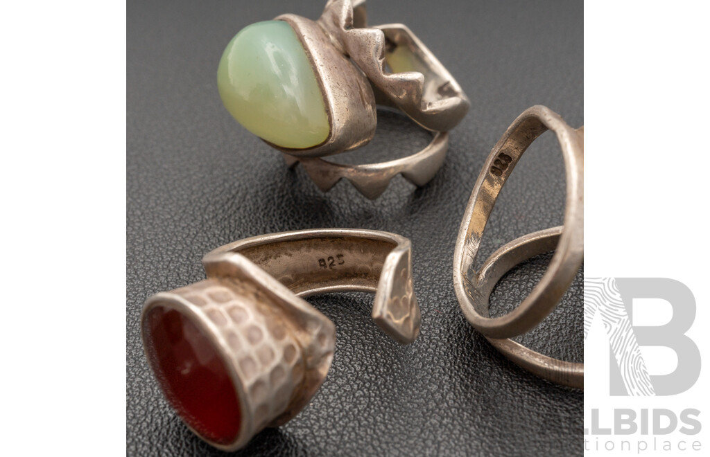 Sterling Silver (4) Rings with Agate, Carnelian, Moonstone & Phrenite, 32.74 Grams