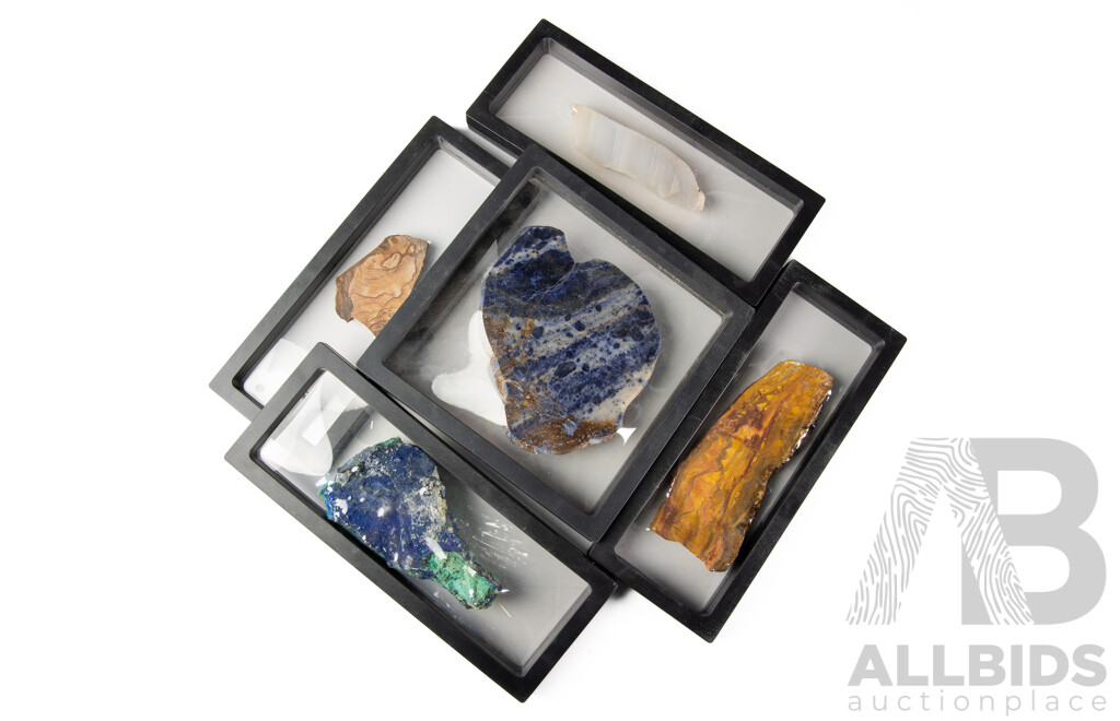 Collection Mineral Specimens in Collectors Frames Including Azurite and More
