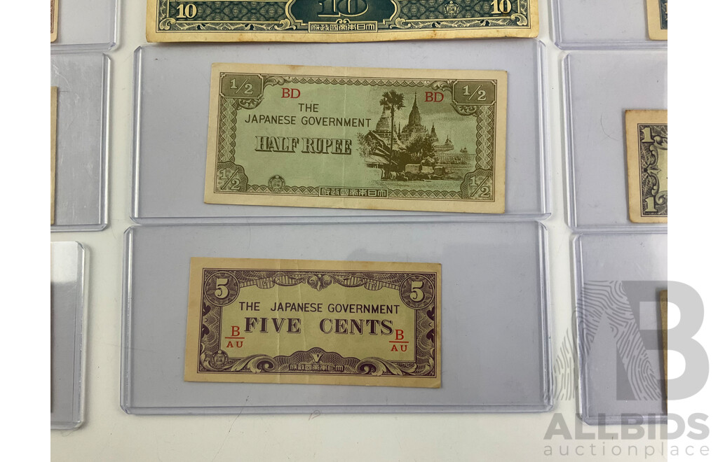 Collection of WW2 Japanese Occupation Bank Notes Including Malaya One Hundred Dollar Rubber Tree Tapping, Netherlands Indies Ten Roepiah