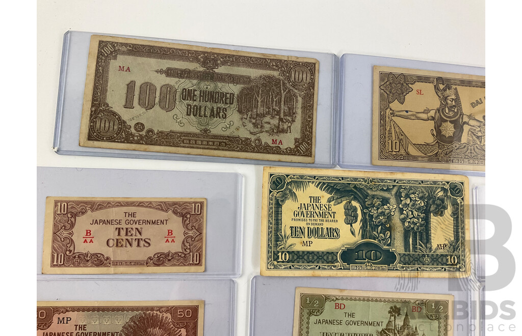 Collection of WW2 Japanese Occupation Bank Notes Including Malaya One Hundred Dollar Rubber Tree Tapping, Netherlands Indies Ten Roepiah