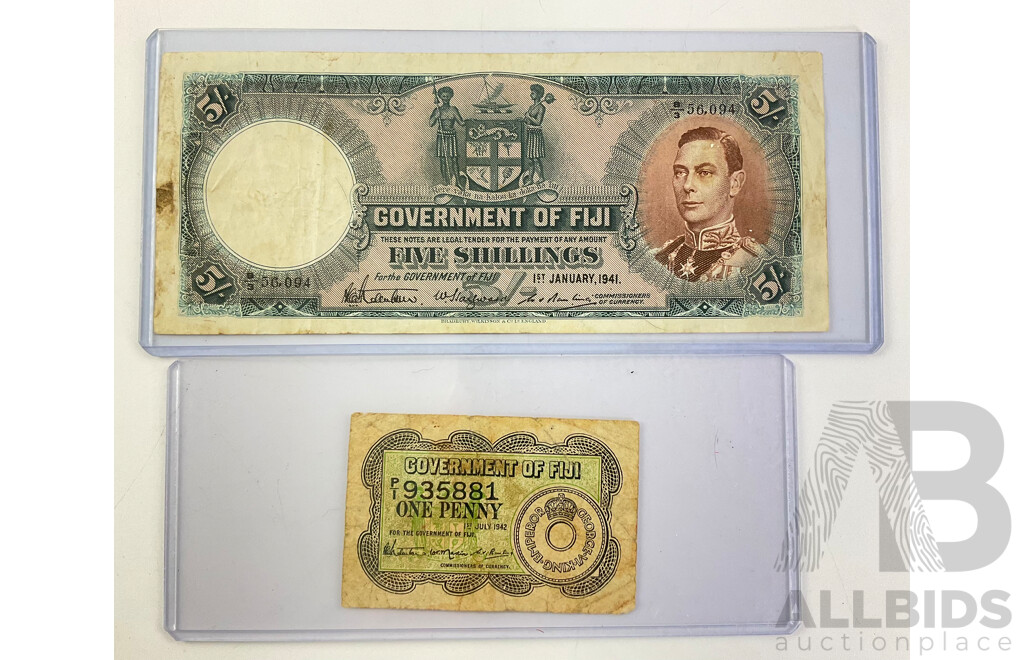 Fiji 1941 KGVI Five Shilling Note and 1942 One Penny Note
