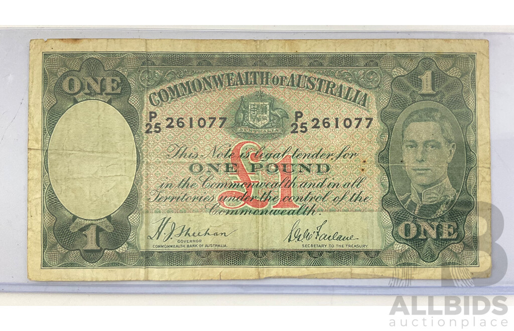 Australian 1938 One Pound Note, Sheenan/McFarlane R29, P25 261077