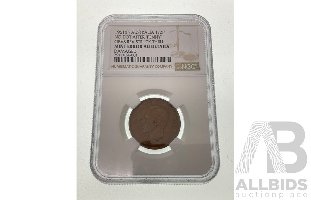 Australian 1951 Half Penny, Soft Strike NGC Graded Mint Error Obverse & Reverse Struck Thru