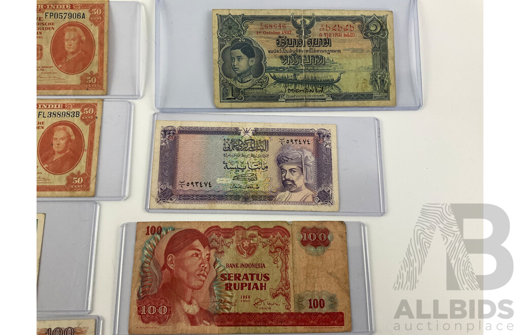 Collection of Vintage International Banknotes Including Noumea, Croatia, Greece, Netherlands, China, Oman, Indonesia, Thailand, Germany