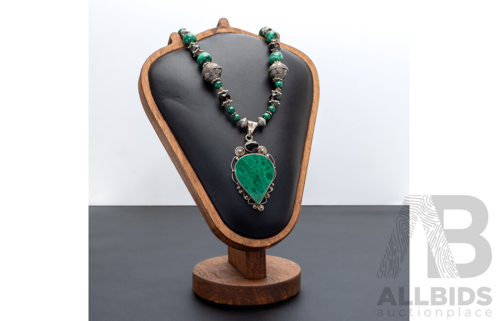 Sterling Silver Malachite & Garnet Ornate Statement Necklace, 55cm, 77.0 Grams