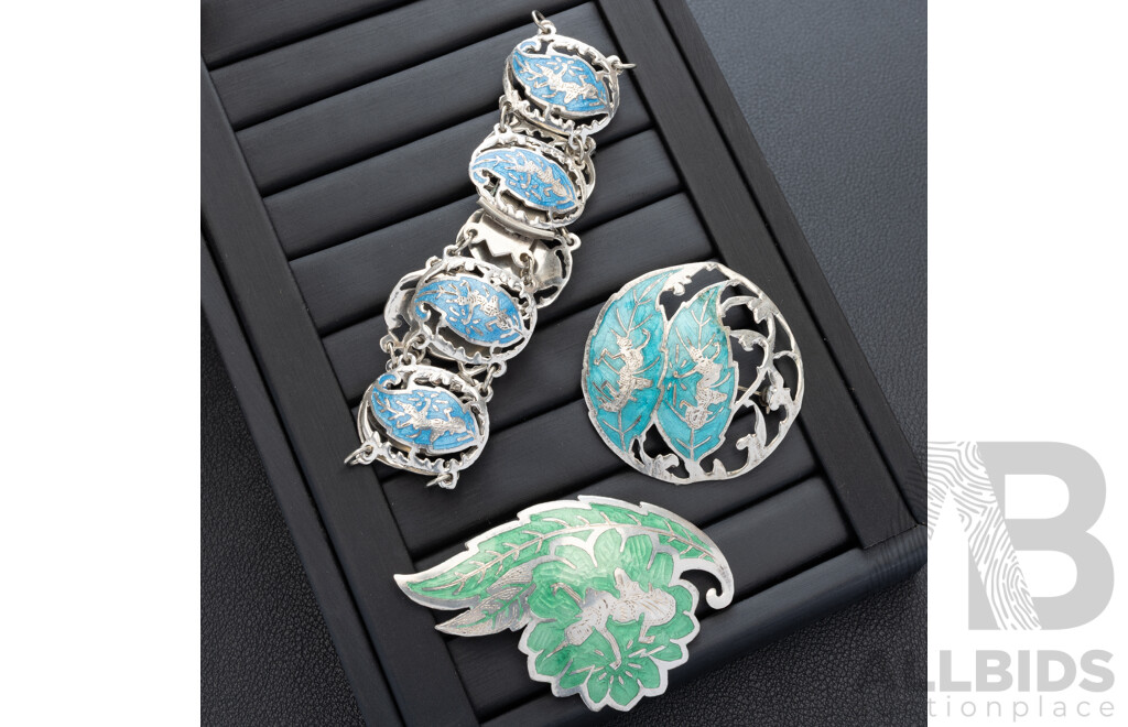 Siam Sterling Silver Bracelet & (2) Brooches with Vibrant Coloured Enamel & Dancer Motifs, 35.72 Grams